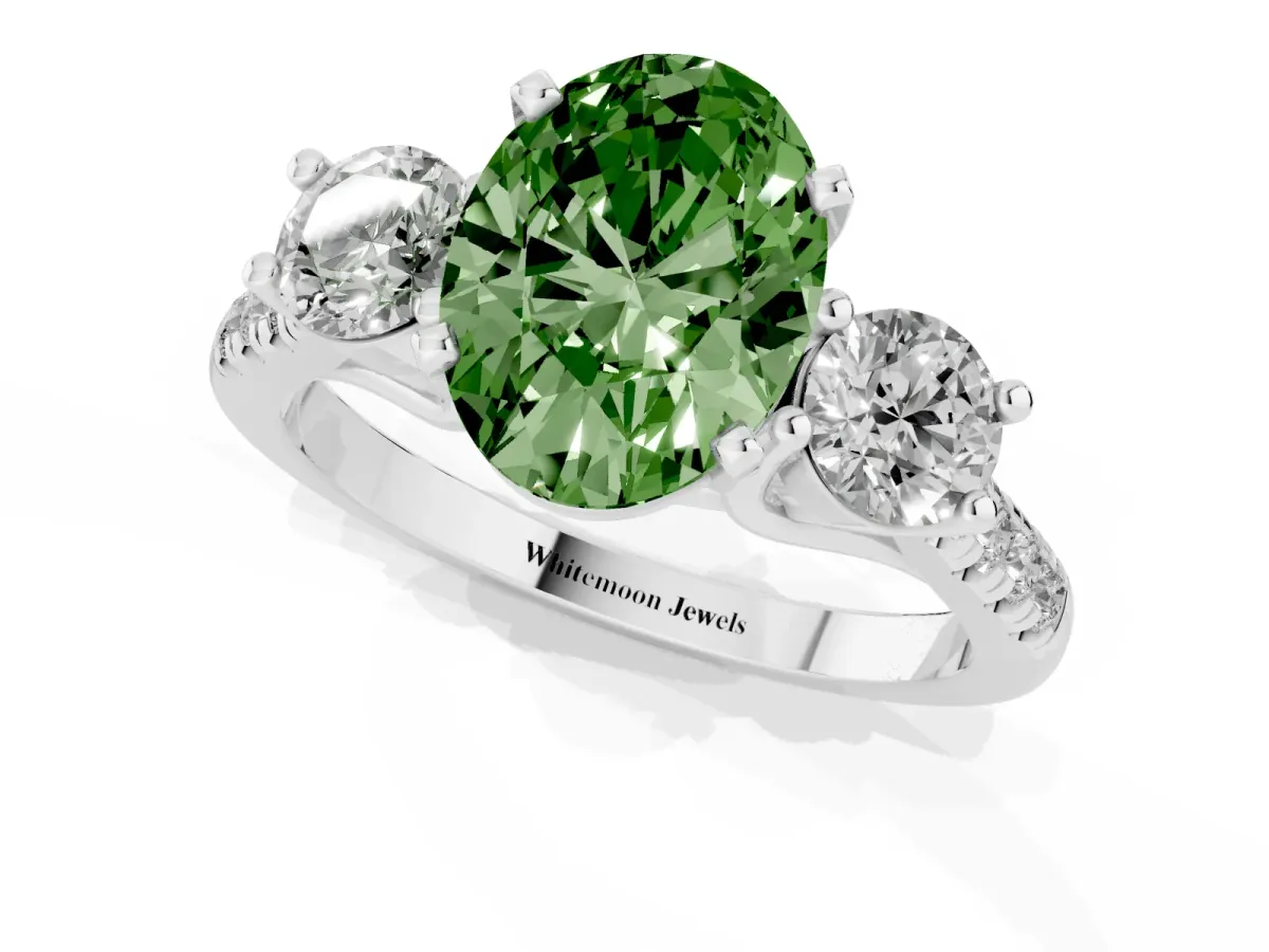 Fancy Green Three-Stone Oval Cut Diamond Pavé Band with Four-Prong Setting Platinum