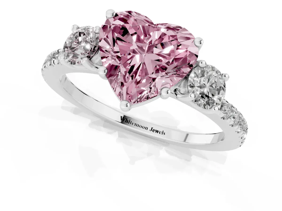 Fancy Pink Three-Stone Heart Cut Cut Diamond Pavé Band with Prong Setting Silver