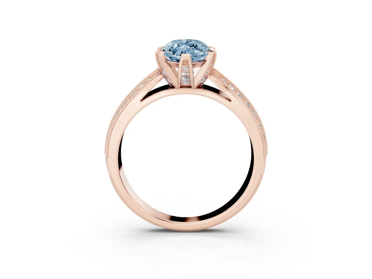 Fancy Blue Marquise Cut Diamond Solitaire Ring with Milgrain Round Pavé Band and Prong Setting Rose gold