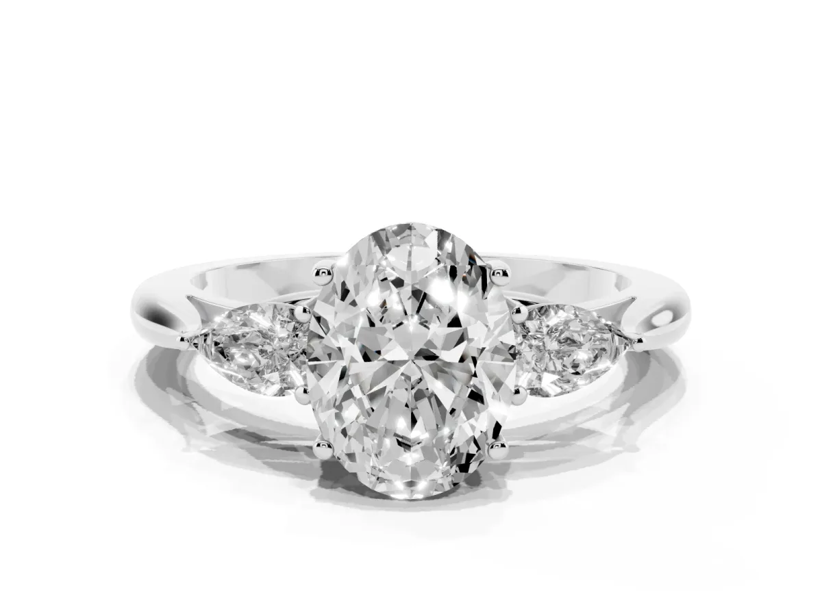 Oval Cut Diamond Three-Stone Ring with Pear Side Stones and Prong Setting Silver