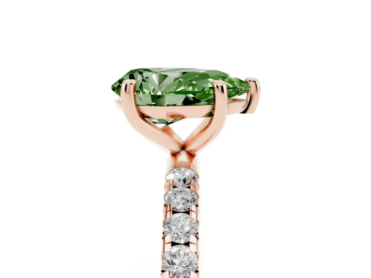Fancy Green Pear Cut Cut Diamond Solitaire Ring with Micro Pave Band and Four Prong Setting Rose gold