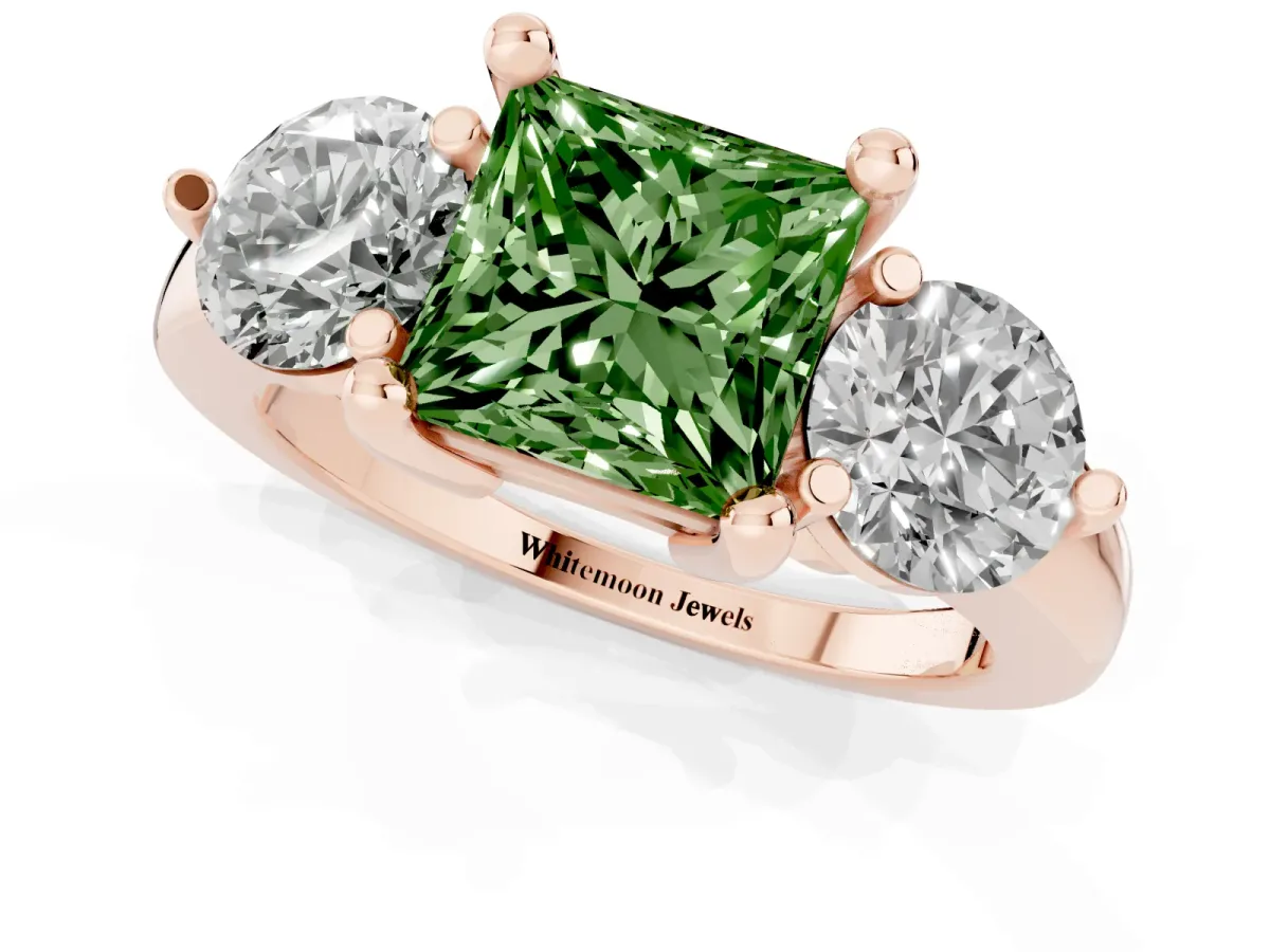 Fancy Green Three-Stone Princess Cut Brilliant Cut Solitaire Ring with Prong Setting on a Classic Band Rose gold