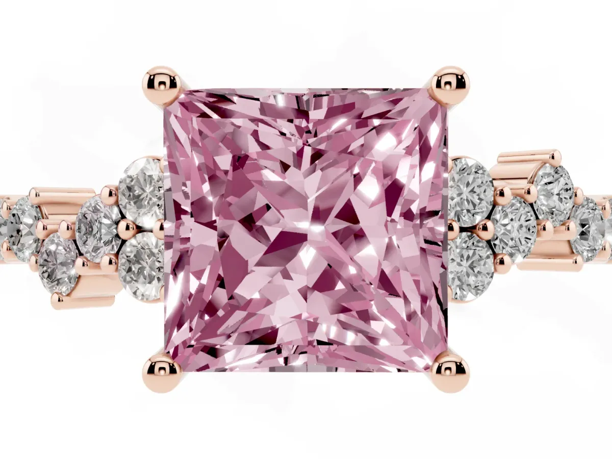 Fancy Pink Princess Cut Diamond Scattered Round Accent Ring with Prong Setting Rose gold