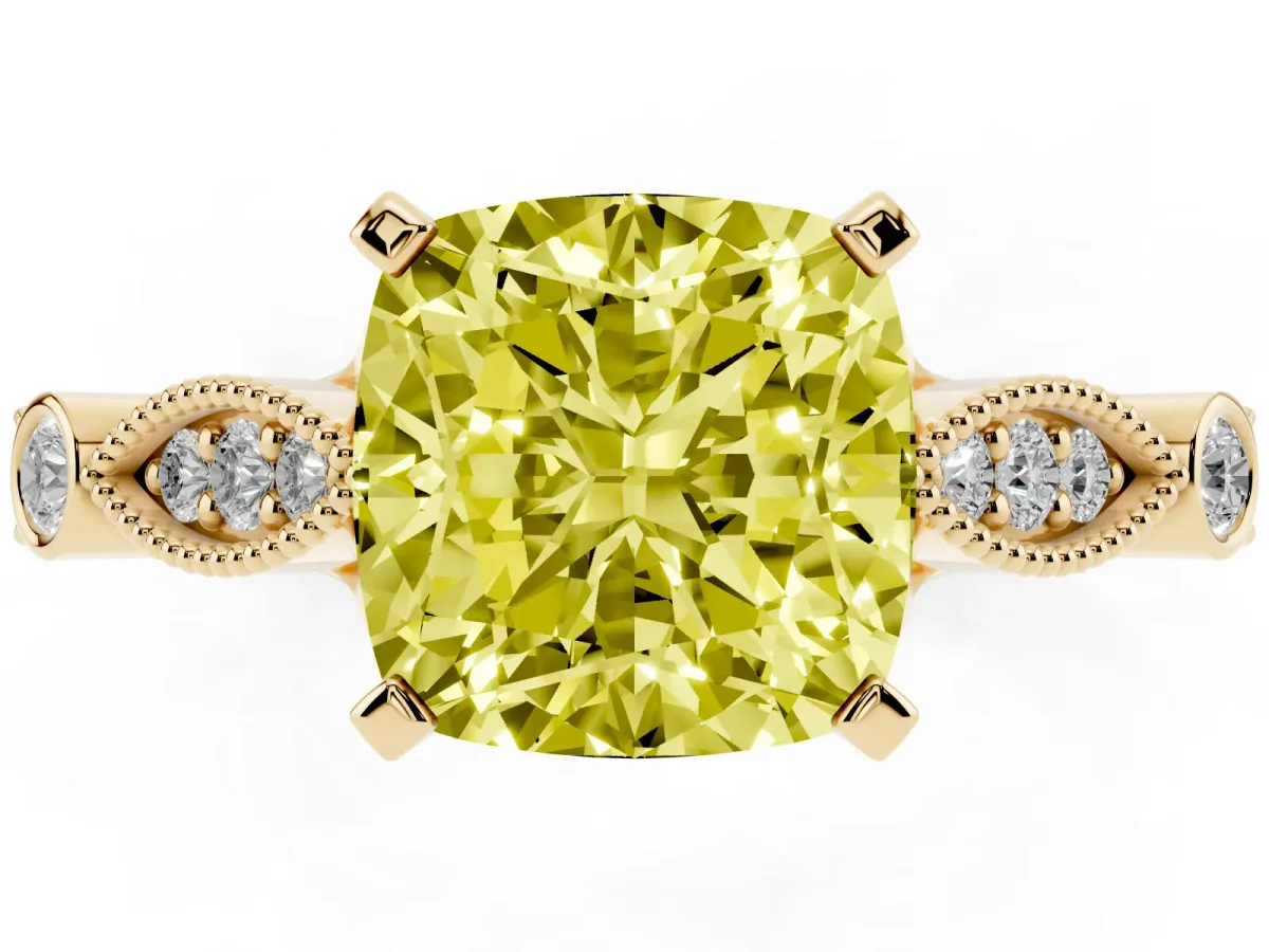 Fancy Yellow Cushion Cut Cut Diamond with Milgrain Marquise and Bezel Accents on a Solitaire Band with Prong Setting Yellow gold