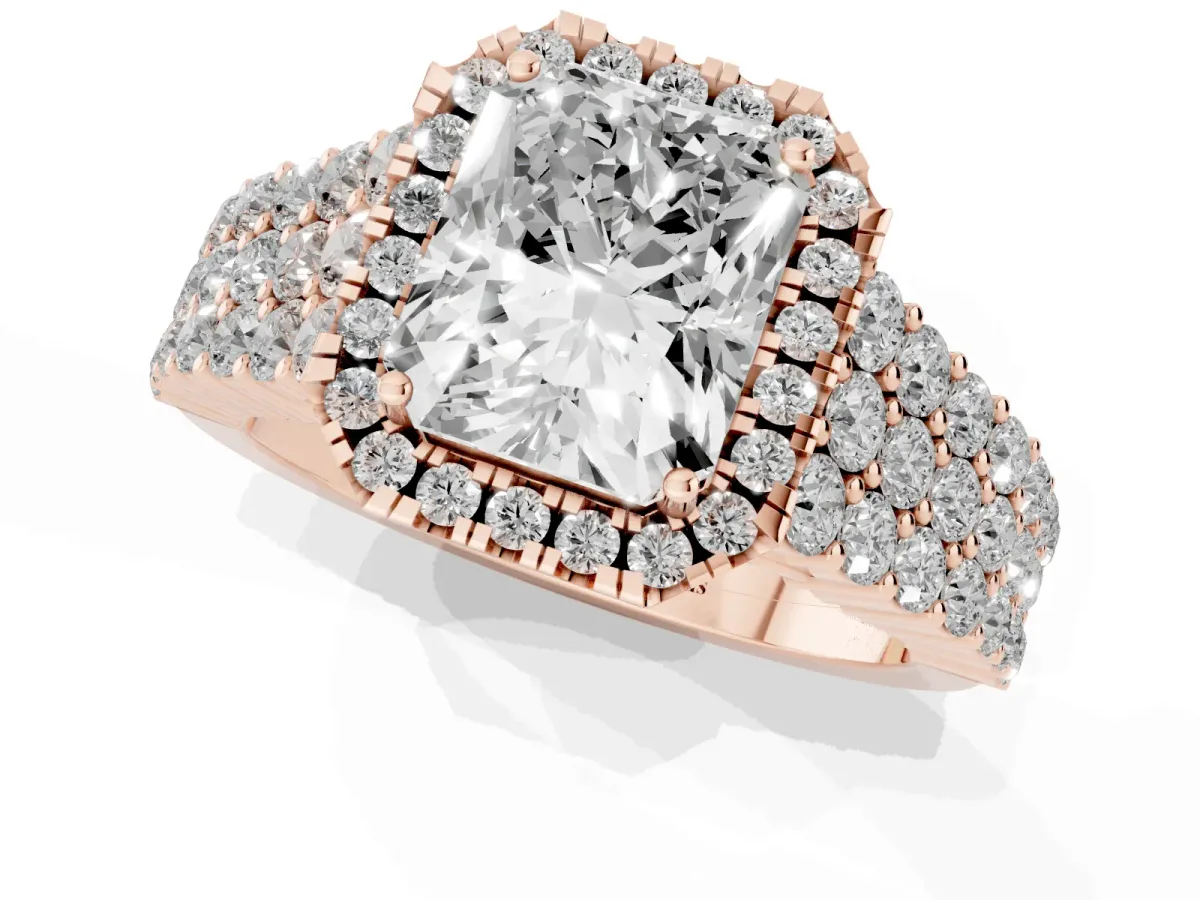 Radiant Cut Diamond Halo Engagement Ring with Triple Row Round Pavé Band and Prong Setting Rose gold