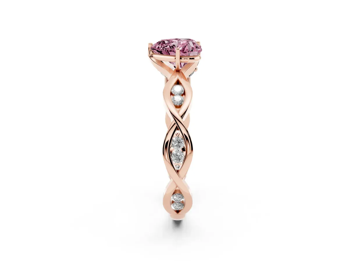 Fancy Pink Heart Cut Solitaire Twist Band with Leaf Prong Setting Rose gold