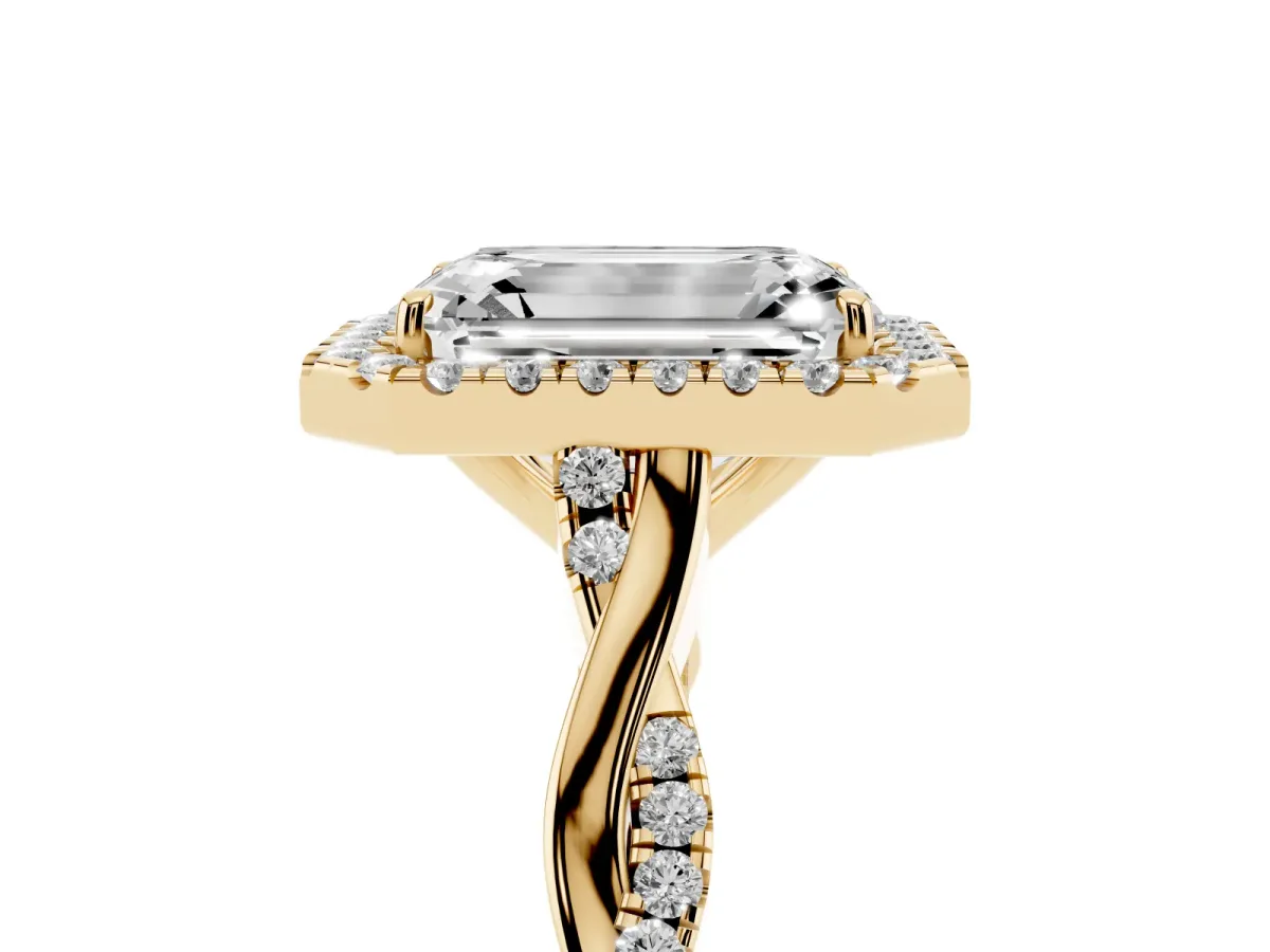 Emerald Cut Halo Twist Band Solitaire Ring Yellow gold