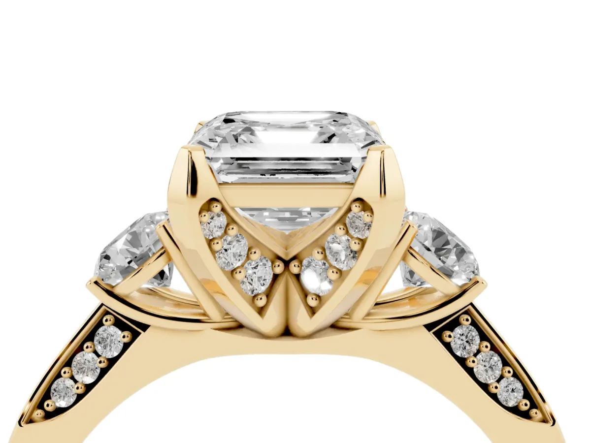Asscher Cut Brilliant Three-Stone Diamond Ring with Pavé Band and Four-Prong Setting Yellow gold