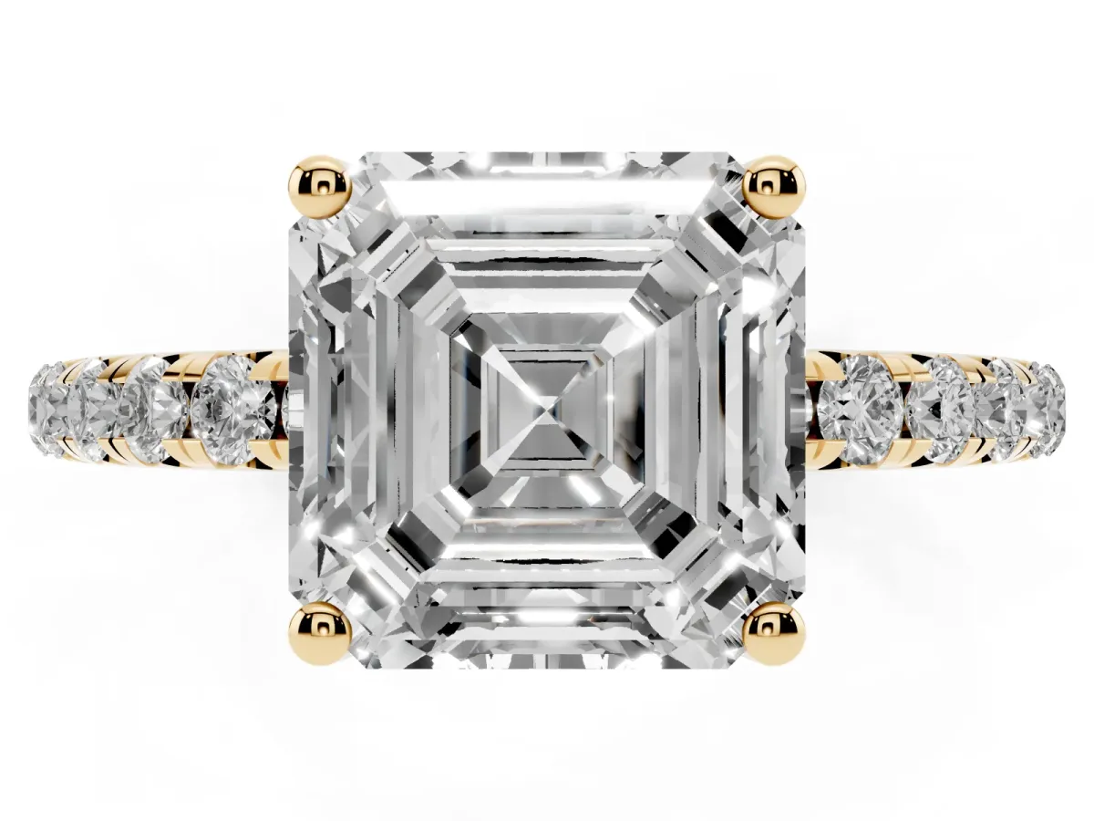 Asscher Cut Cut Diamond Solitaire Ring with Micro Pave Band and Four Prong Setting Yellow gold