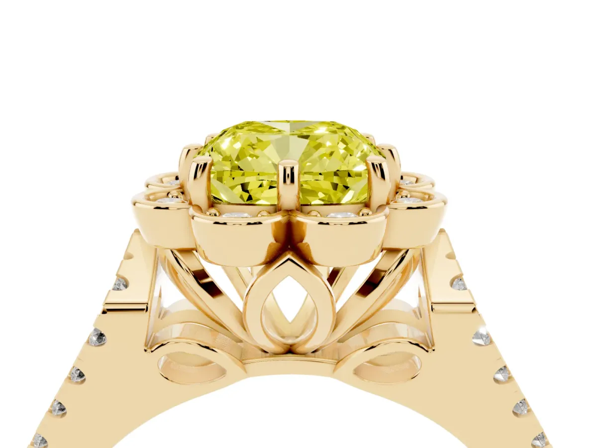Fancy Yellow Cushion Cut Halo Diamond Floral Split Shank Engagement Ring Yellow gold