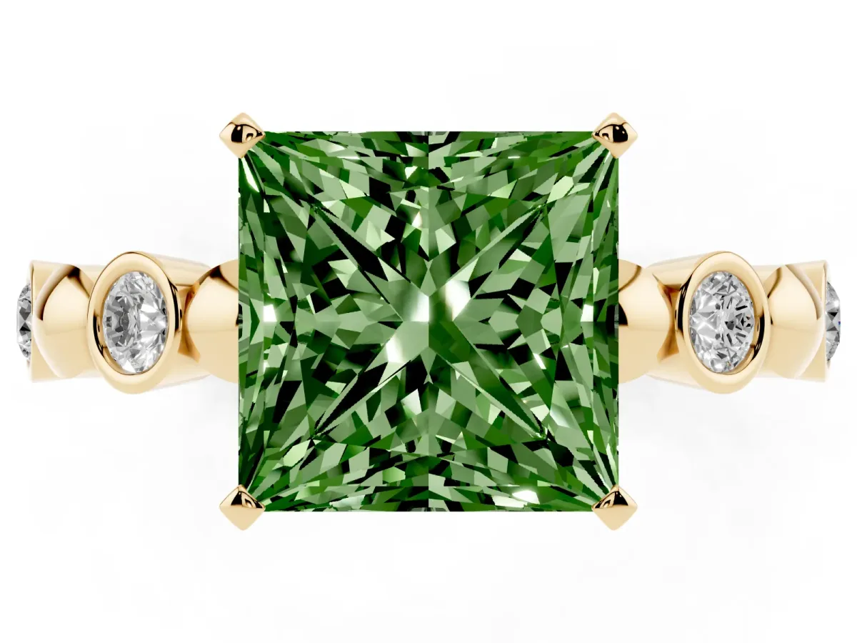 Fancy Green Princess Cut Solitaire Bezel-Set Diamond Ring with Beaded Band and Four-Prong Setting Yellow gold