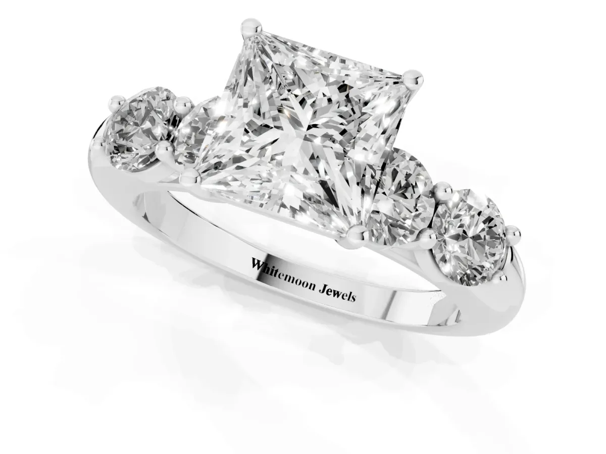 Princess Cut Cut Five-Stone Prong Set Diamond Ring with Classic Band Silver