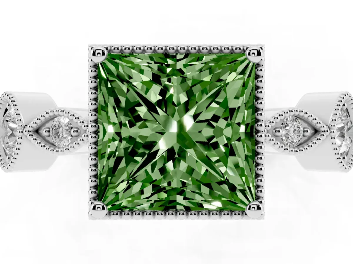 Fancy Green Princess Cut Diamond Vintage Milgrain Ring with Round Stations Silver
