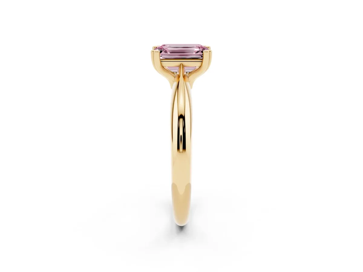 Fancy Pink Emerald Cut Cut Solitaire Engagement Ring with Tapered Band and Four-Prong Setting Yellow gold