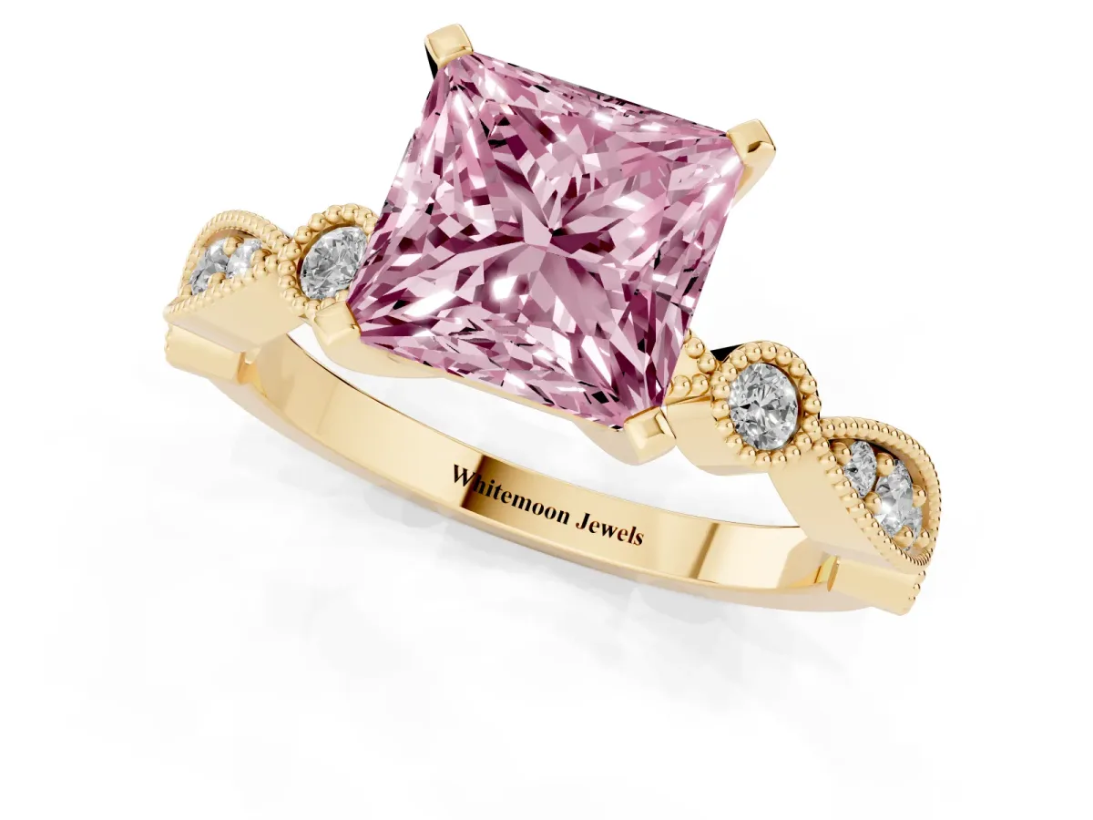 Fancy Pink Princess Cut Milgrain Bezel Diamond Engagement Ring with Solitaire Prong Setting Yellow gold