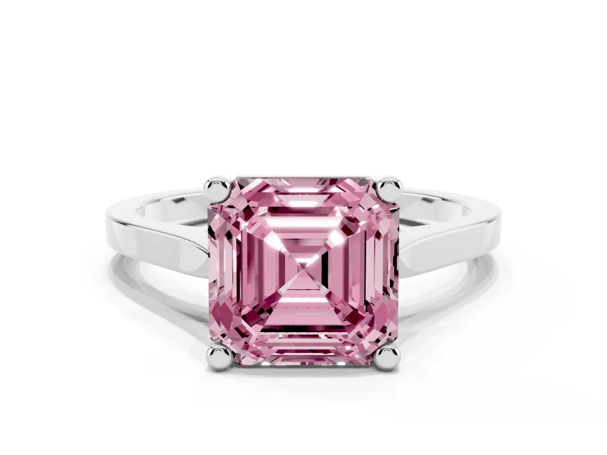 Fancy Pink Asscher Cut Solitaire Diamond Ring with Four-Prong Setting and Tapered Band Platinum