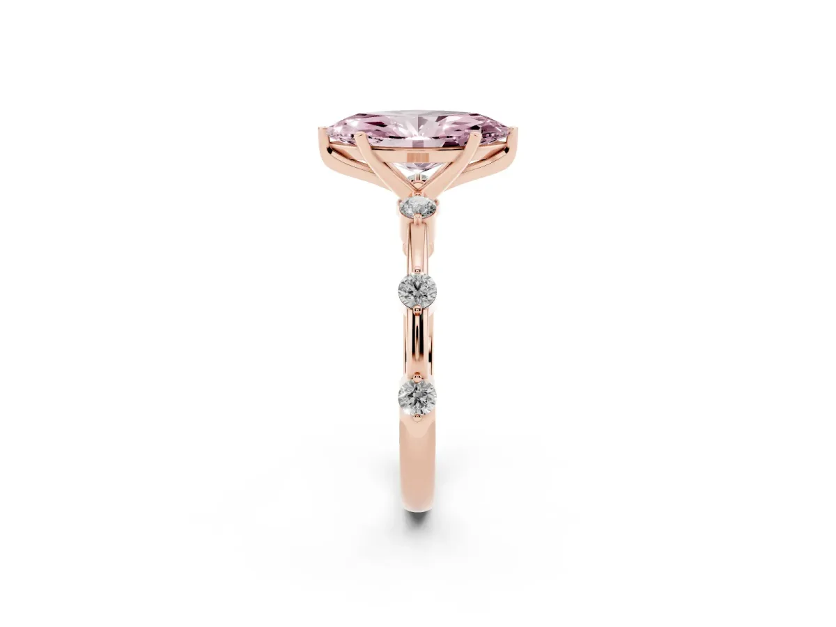 Fancy Pink Marquise Cut Solitaire Diamond Ring with Bezel Set Side Stones and Prong Setting Rose gold