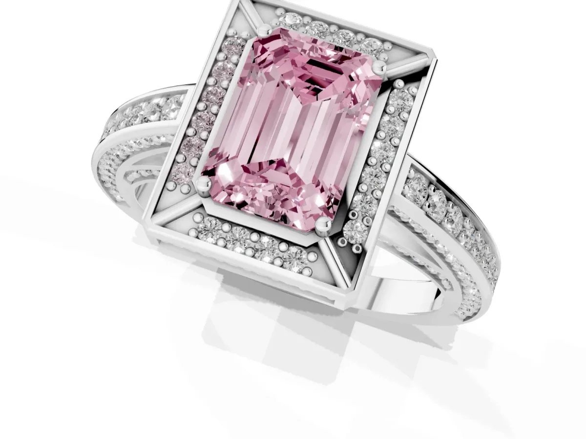Fancy Pink Emerald Cut Cut Halo Pave Split Shank Prong Setting Ring Silver