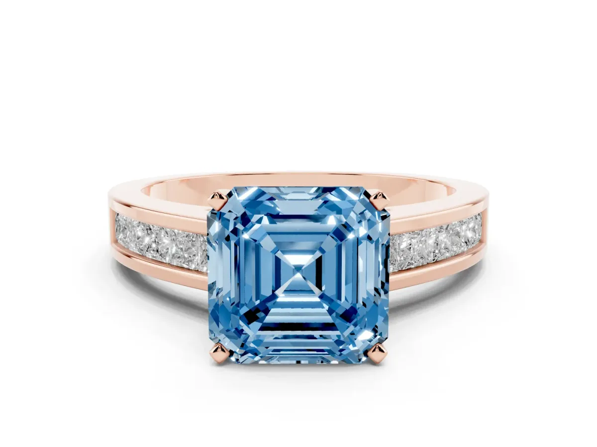 Fancy Blue Asscher Cut Solitaire Diamond Ring with Channel-Set Band and Four-Prong Setting Rose gold