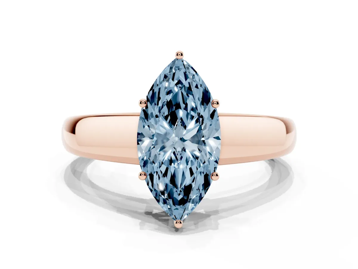 Fancy Blue Marquise Cut Solitaire Diamond Ring with Tapered Band and Four-Prong Setting Rose gold