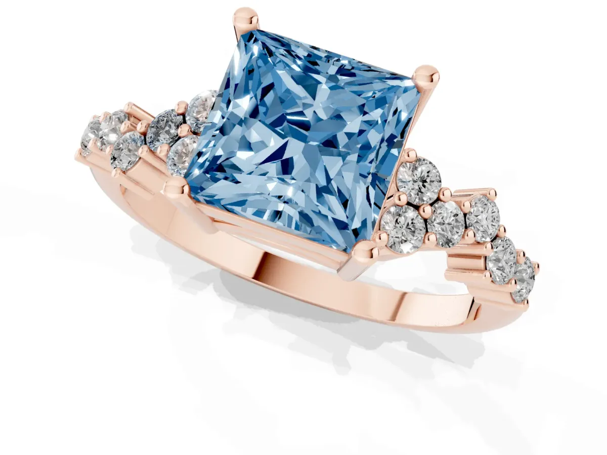Fancy Blue Princess Cut Diamond Scattered Round Accent Ring with Prong Setting Rose gold