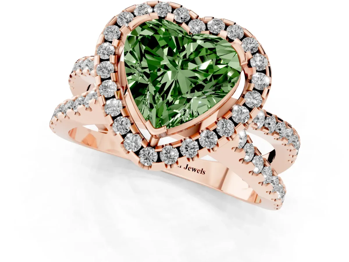 Fancy Green Heart Cut Diamond Halo Ring with Split Shank Pavé Band and Prong Setting Rose gold
