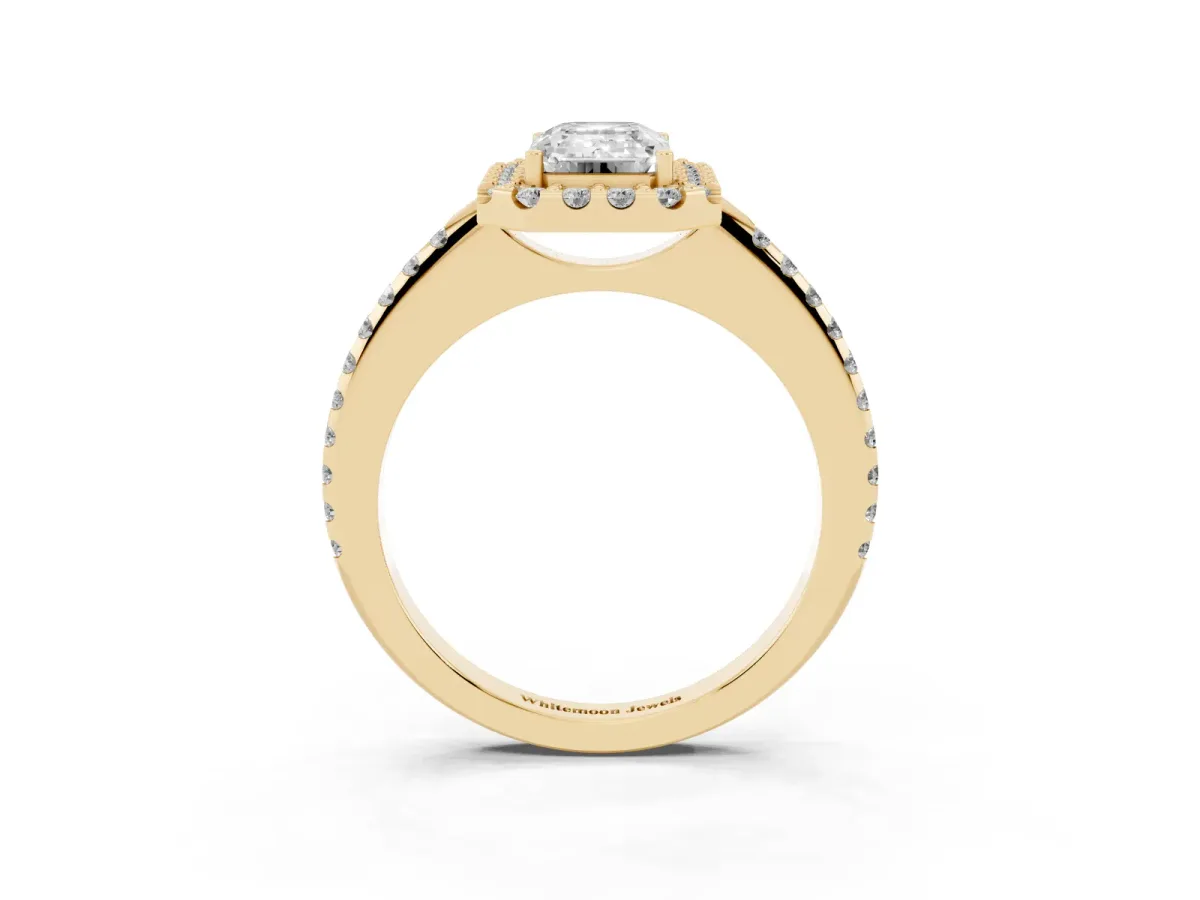 Emerald Cut Diamond Pavé Halo Ring with Four-Prong Setting Yellow gold