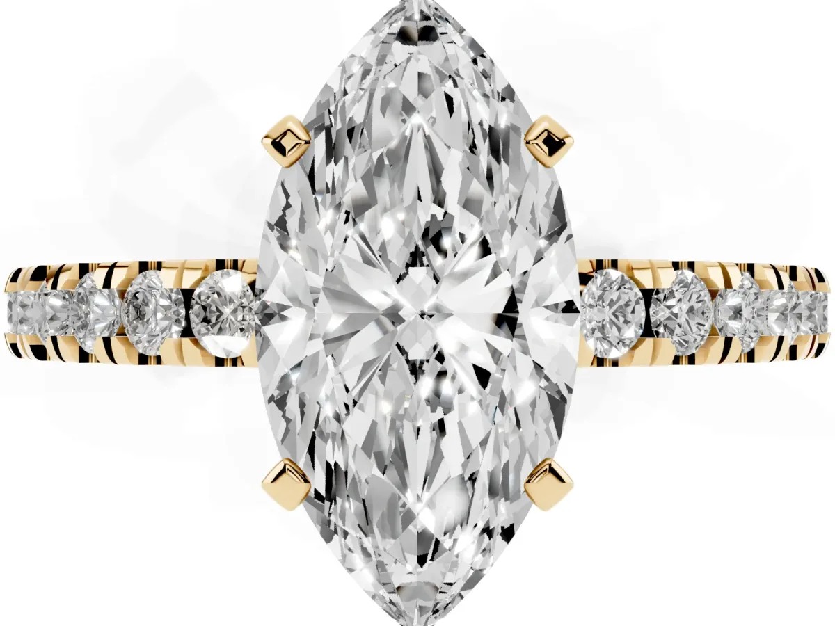 Marquise Cut Solitaire Diamond with Pavé Band and Four-Prong Setting Yellow gold