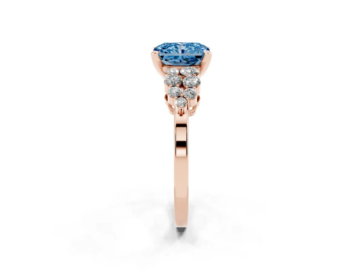 Fancy Blue Radiant Cut Cluster Diamond Engagement Ring with Pavé Band and Four-Prong Setting Rose gold