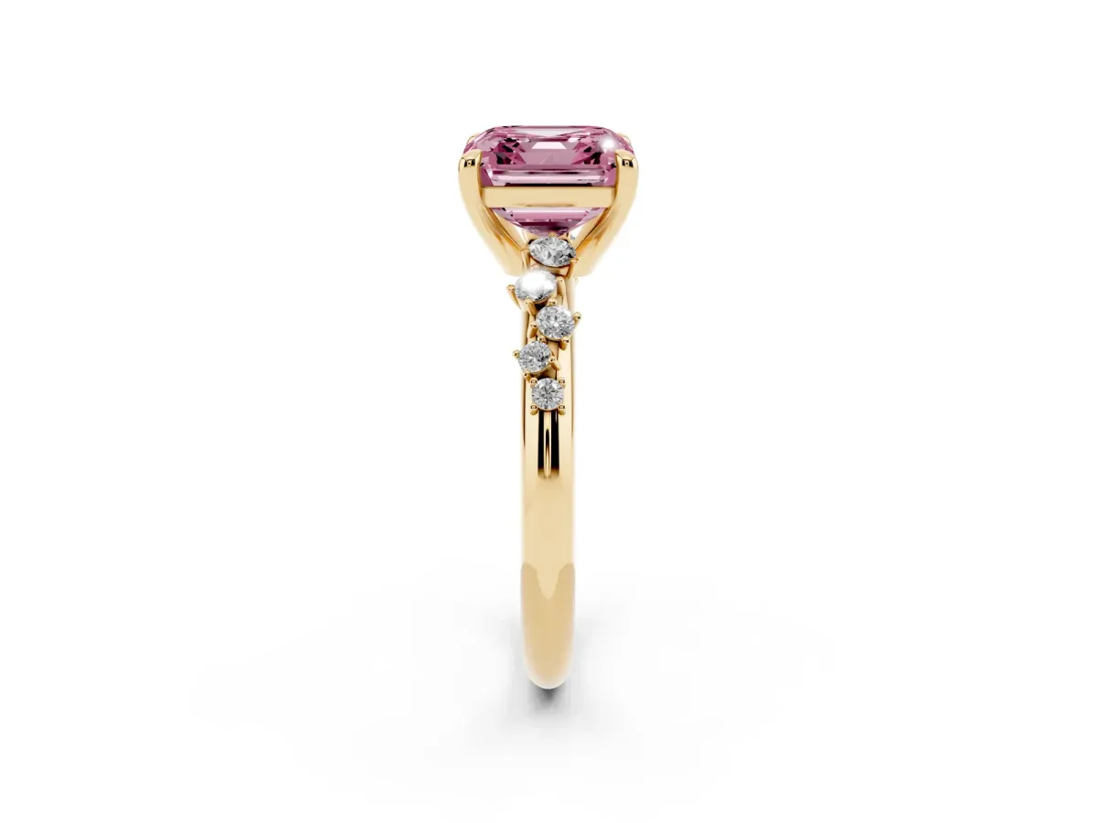 Fancy Pink Asscher Cut Cut Diamond Vine Band with Four-Prong Setting Yellow gold
