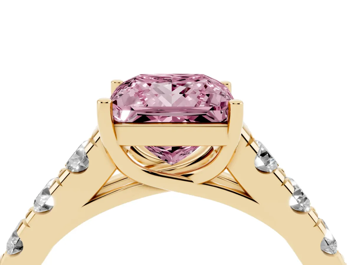 Fancy Pink Princess Cut Cut Diamond Solitaire Ring with Micro Pave Band and Prong Setting Yellow gold