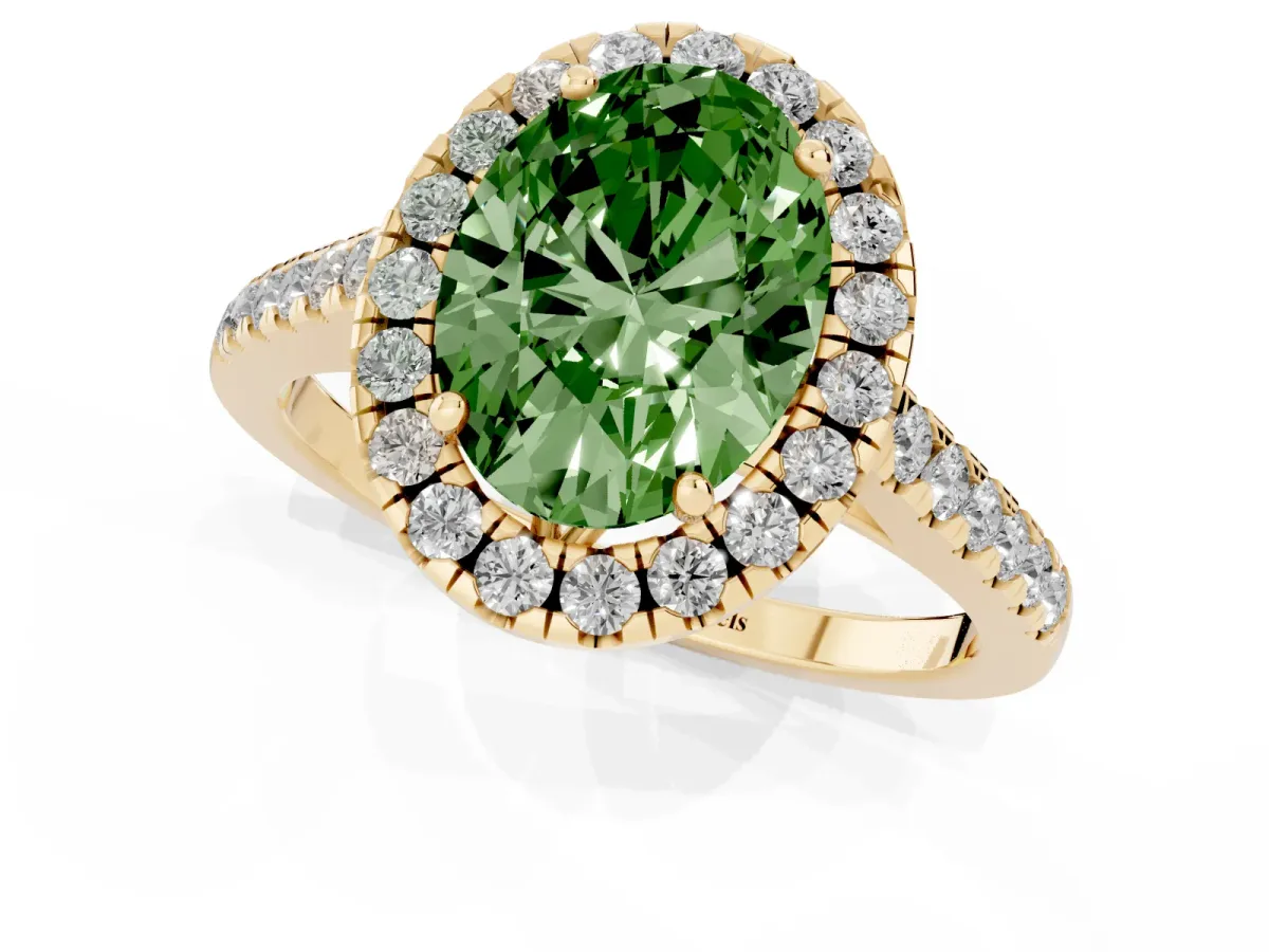Fancy Green Oval Cut Halo Pavé Diamond Engagement Ring with Four-Prong Setting Yellow gold