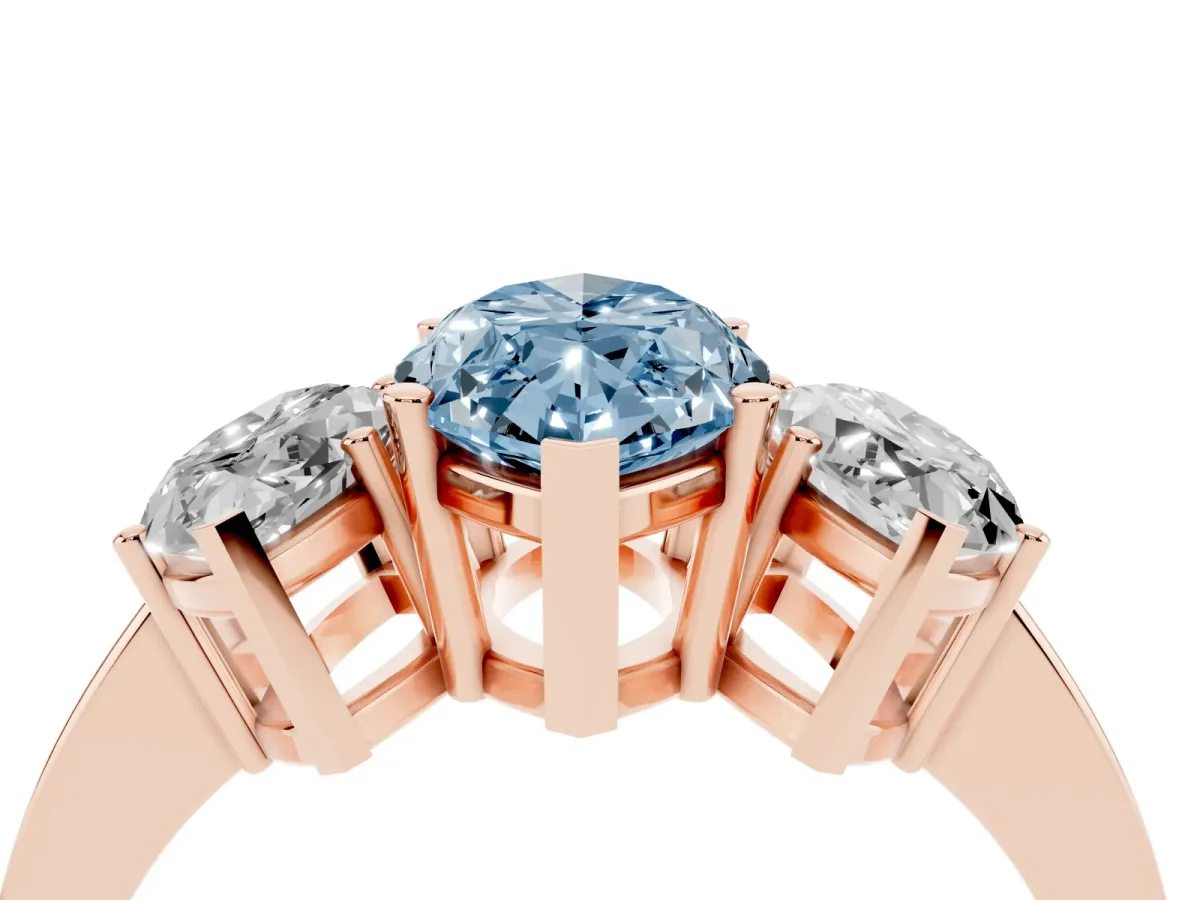 Fancy Blue Three-Stone Marquise Cut Cut Diamond Engagement Ring with Flat Band and Four-Prong Setting Rose gold