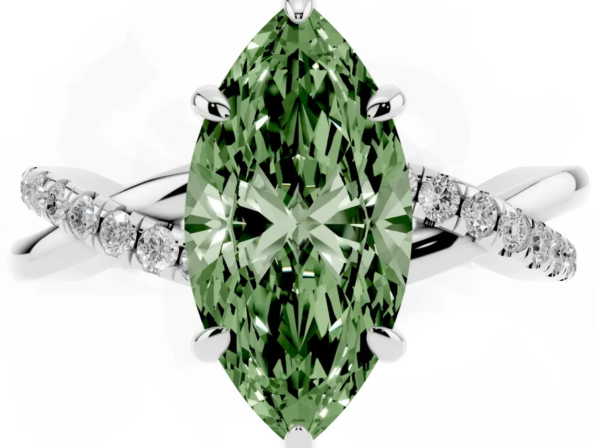 Fancy Green Marquise Cut Cut Diamond Twist Band Solitaire with Prong Setting Silver
