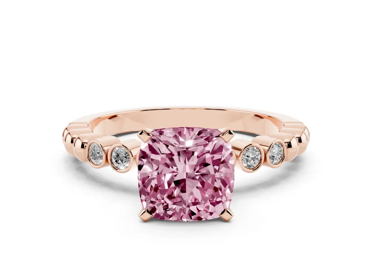 Fancy Pink Cushion Cut Solitaire Bezel Accent Diamond Engagement Ring with Beaded Band and Four-Prong Setting Rose gold