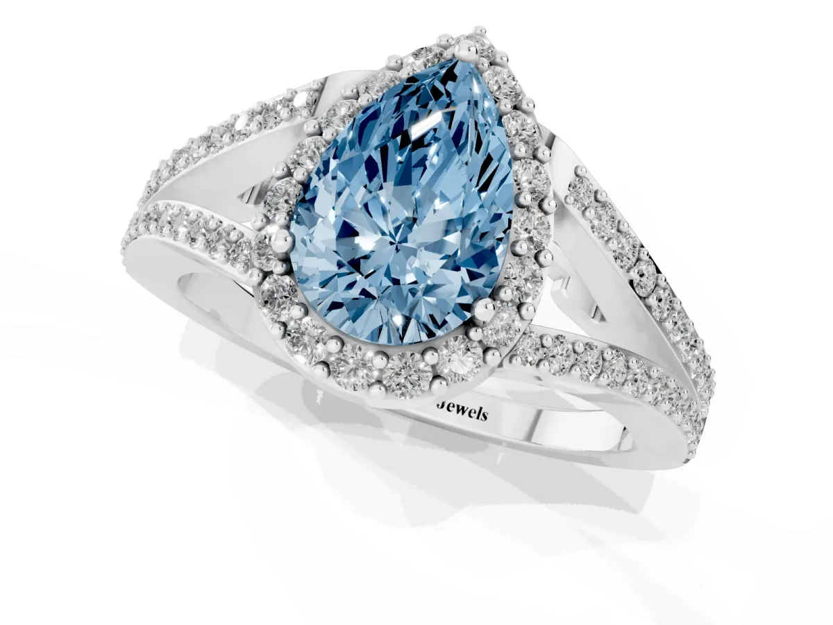 Fancy Blue Pear Cut Halo Split Shank Diamond Ring with Prong Setting Platinum