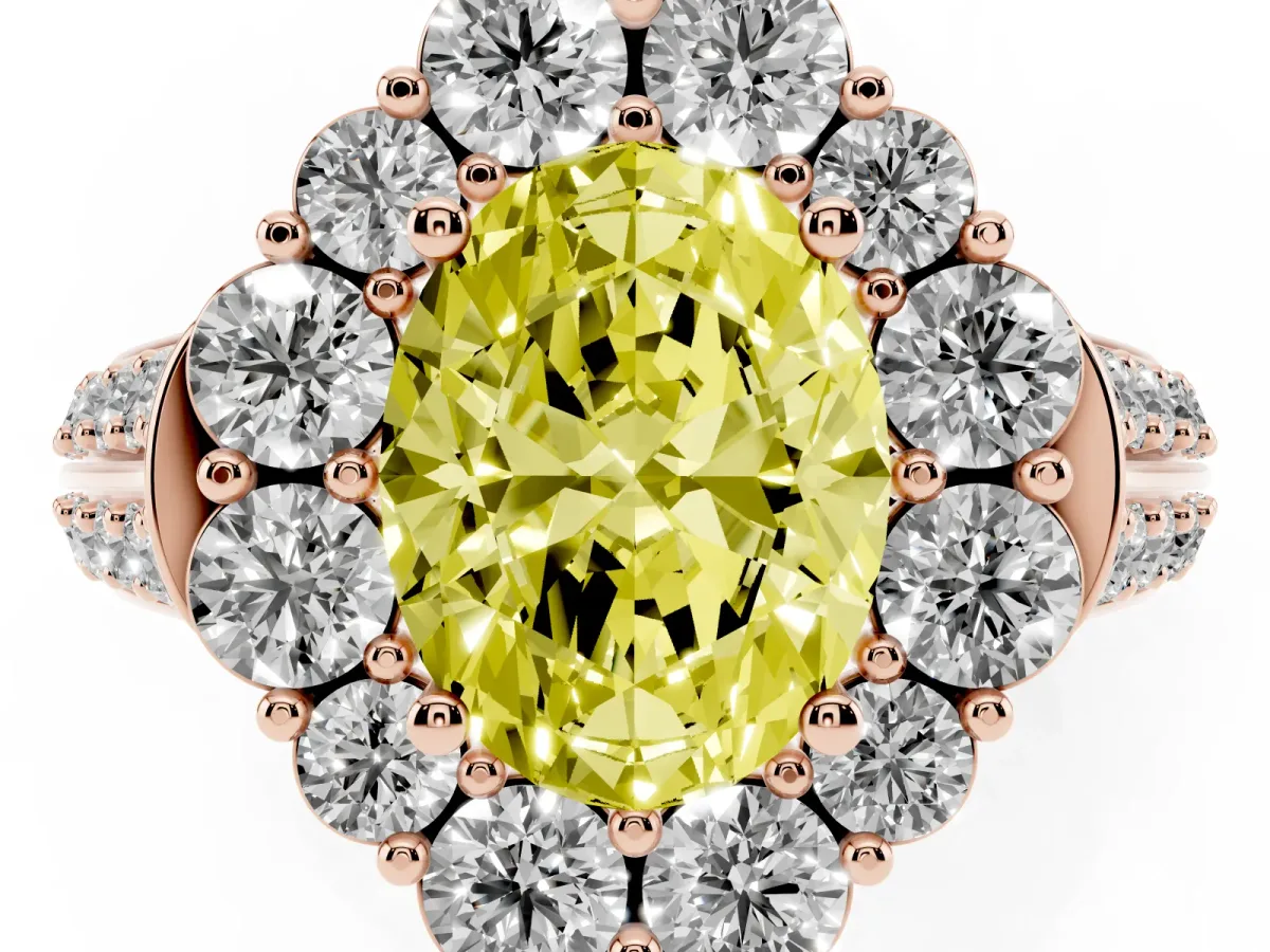 Fancy Yellow Oval Cut Halo Diamond Engagement Ring with Split Shank and Prong Setting Rose gold
