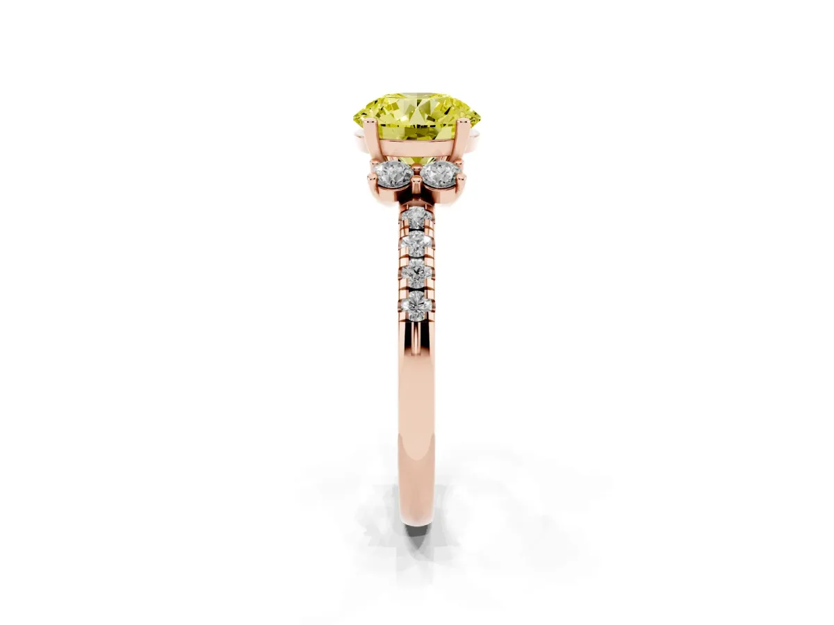 Fancy Yellow Round Cut Diamond Three-Stone Pave Band with Four-Prong Setting Rose gold