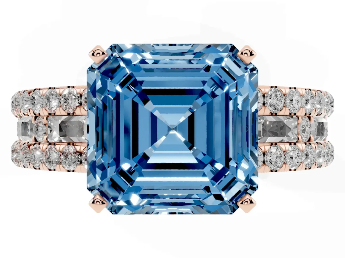 Fancy Blue Asscher Cut Diamond Solitaire Ring with Pavé and Channel Set Band Rose gold