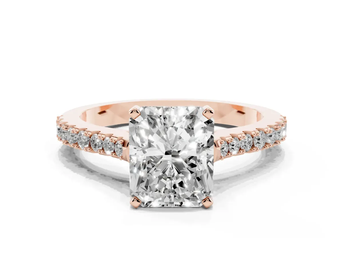 Radiant Cut Cut Solitaire Diamond Engagement Ring with Pave Band and Four-Prong Setting Rose gold