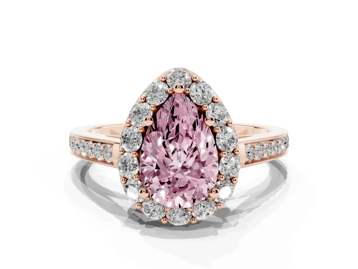 Fancy Pink Pear Cut Diamond Floral Halo Ring with Pavé Band and Prong Setting Rose gold