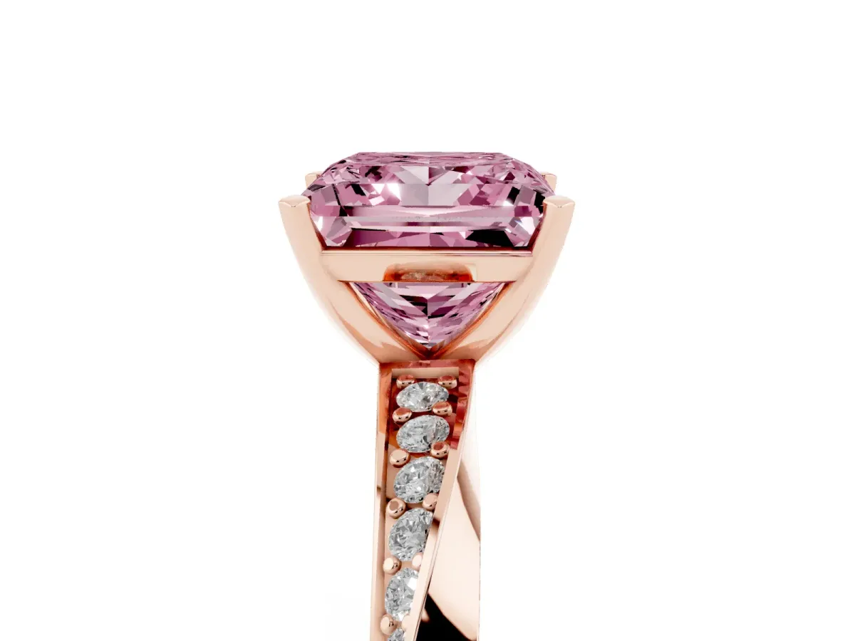 Fancy Pink Princess Cut Diamond Engagement Ring with Side Stone Accents and Four-Prong Setting Rose gold