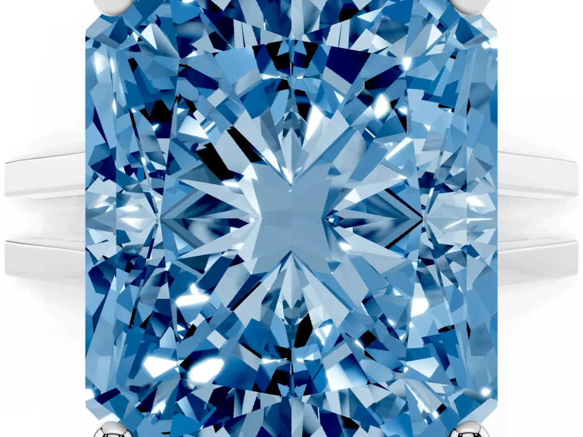 Fancy Blue Radiant Cut Cut Diamond Solitaire Engagement Ring with Tapered Plain Band and Four-Prong Setting Silver