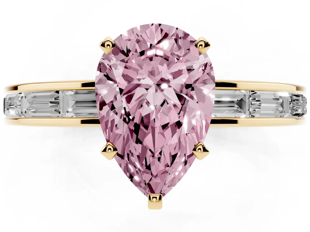 Fancy Pink Pear Cut Solitaire Diamond Ring with Channel-Set Baguette Band and Four-Prong Setting Yellow gold