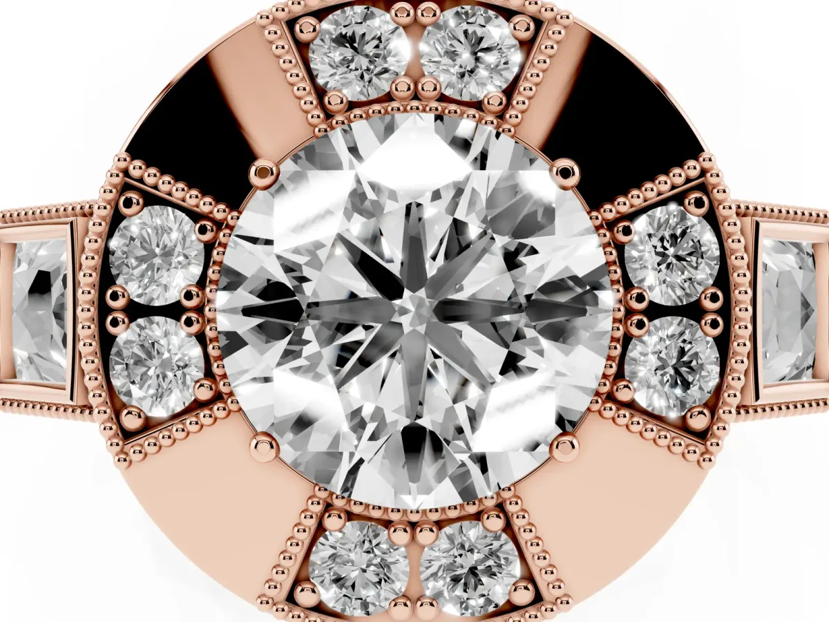 Milgrain Round Cut Diamond Halo Split Shank Ring Rose gold