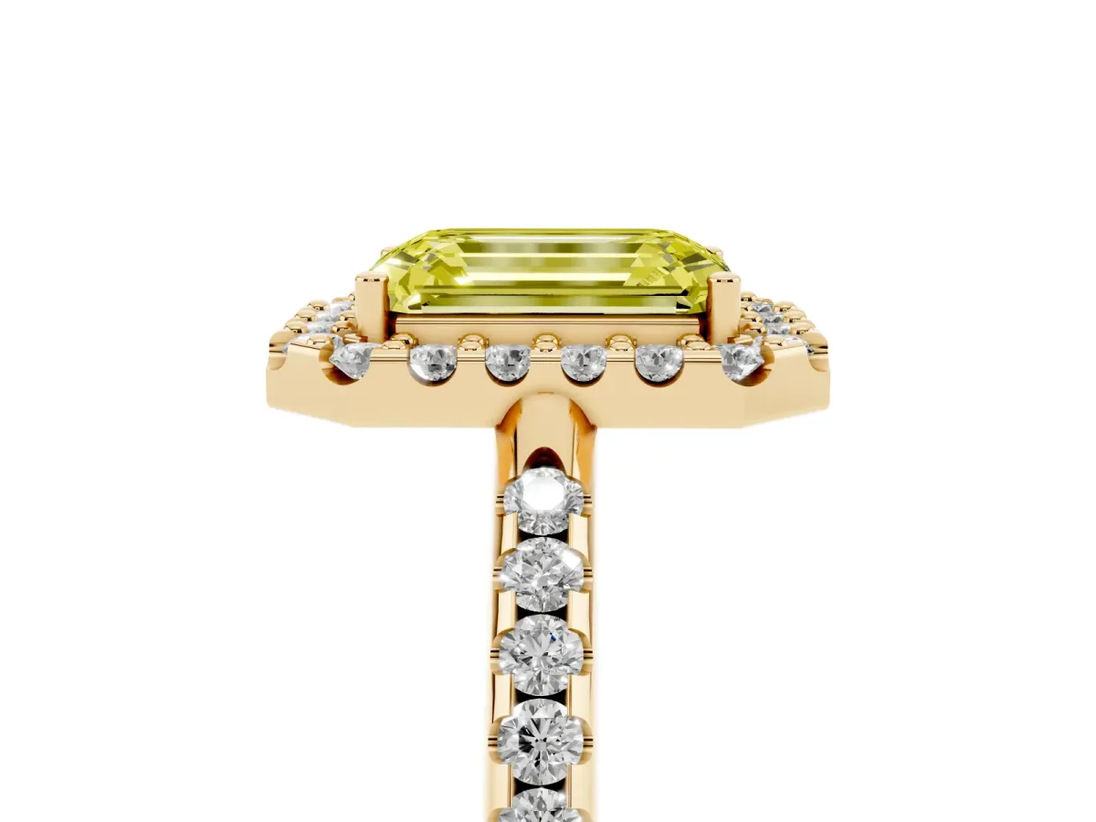 Fancy Yellow Emerald Cut Diamond Pavé Halo Ring with Four-Prong Setting Yellow gold