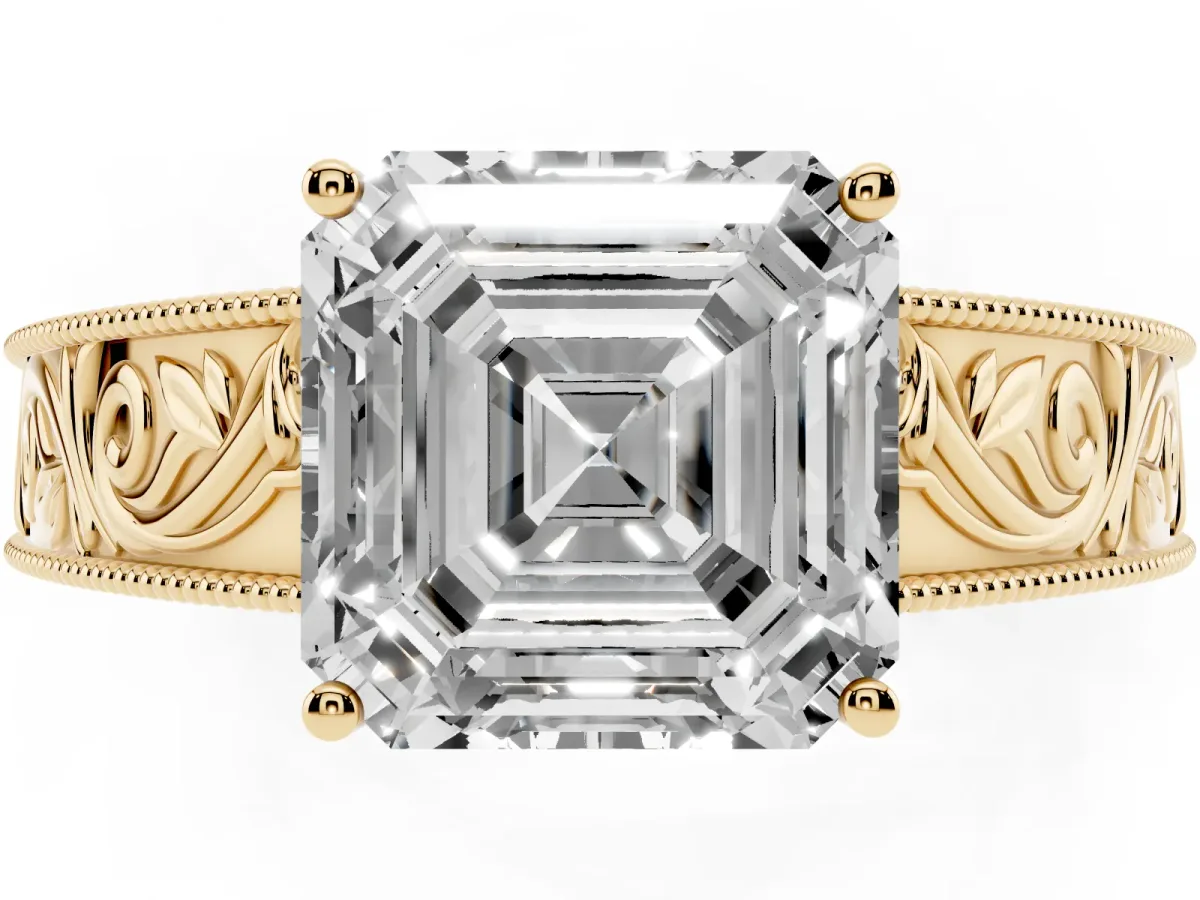 Asscher Cut Diamond Solitaire Ring with Engraved Band and Four-Prong Setting Yellow gold