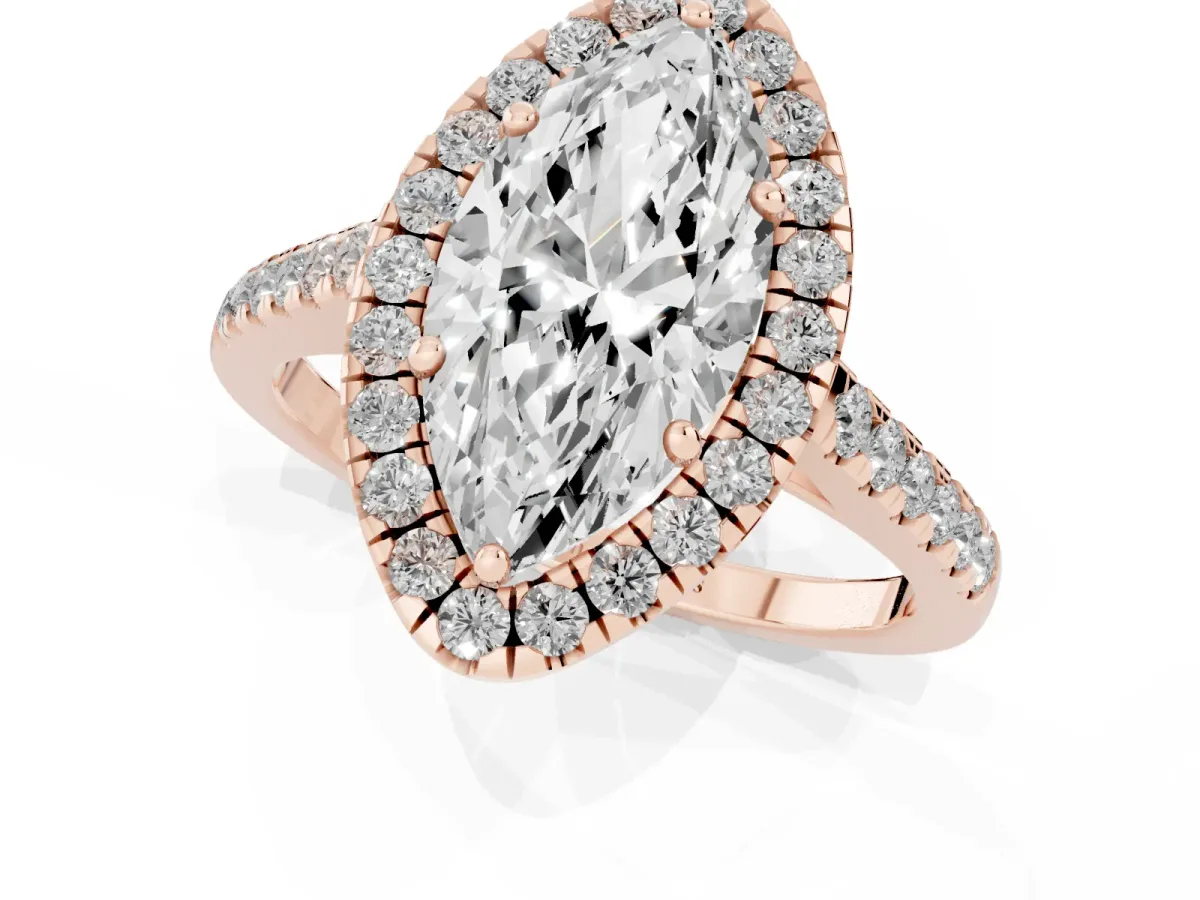 Marquise Cut Halo Pave Diamond Engagement Ring with Four-Prong Setting Rose gold