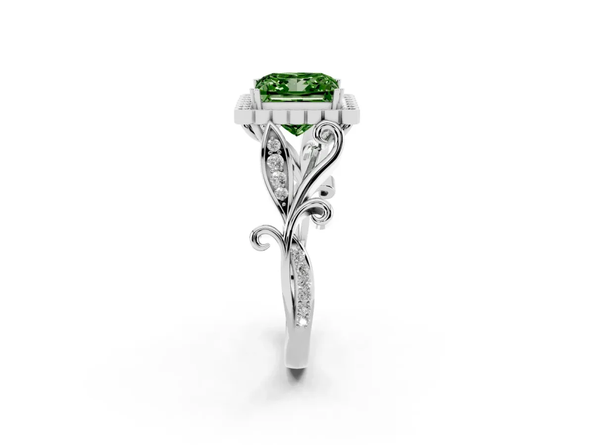 Fancy Green Princess Cut Diamond Halo Ring with Vintage Split Shank and Four-Prong Setting Platinum