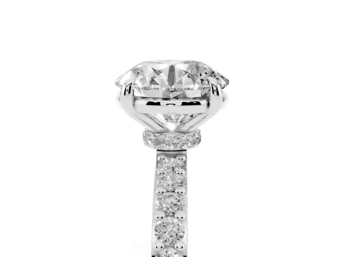Round Cut Diamond Pavé Engagement Ring with Round Accents and Prong Setting Platinum
